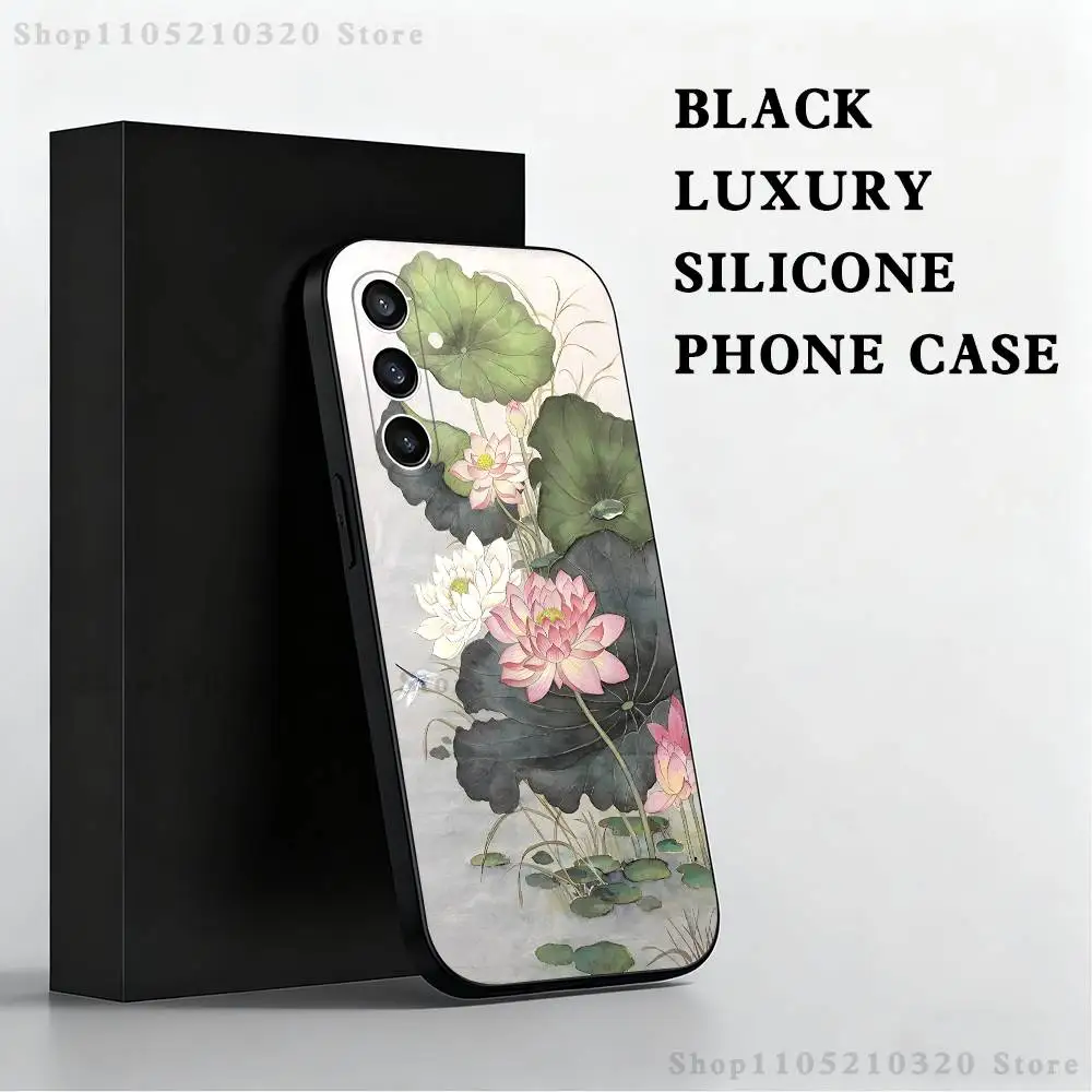 حافظة هاتف بنمط اللوتس الذهبي لهاتف سامسونج S 25,24,23,22,30,21,10,9,Ultra,Plus,Lite,FE,4,5G حافظة ناعمة سوداء #4