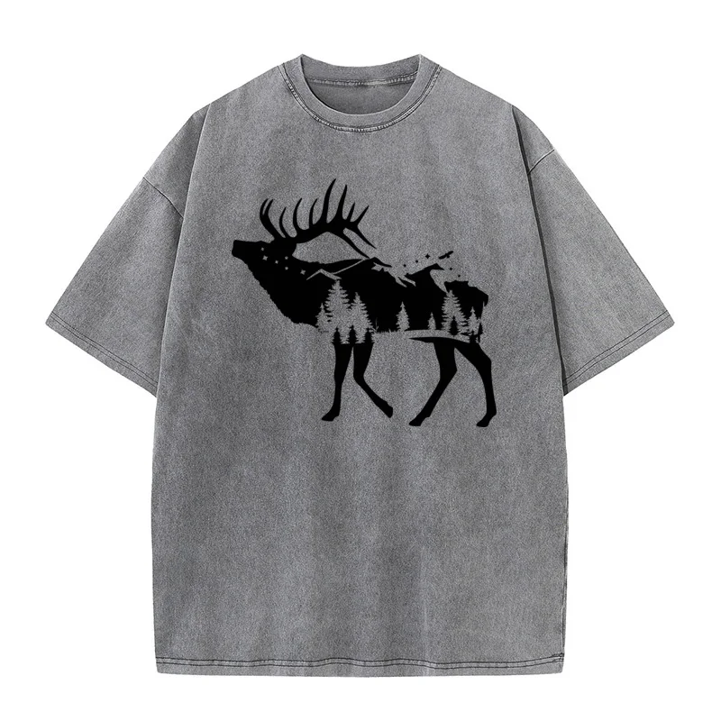 Short Sleeve Tees Christmas Round Neck Combed cotton Woman Washed Tshirts Round Neck Forest Elk Party Washed Tee Shirts Family