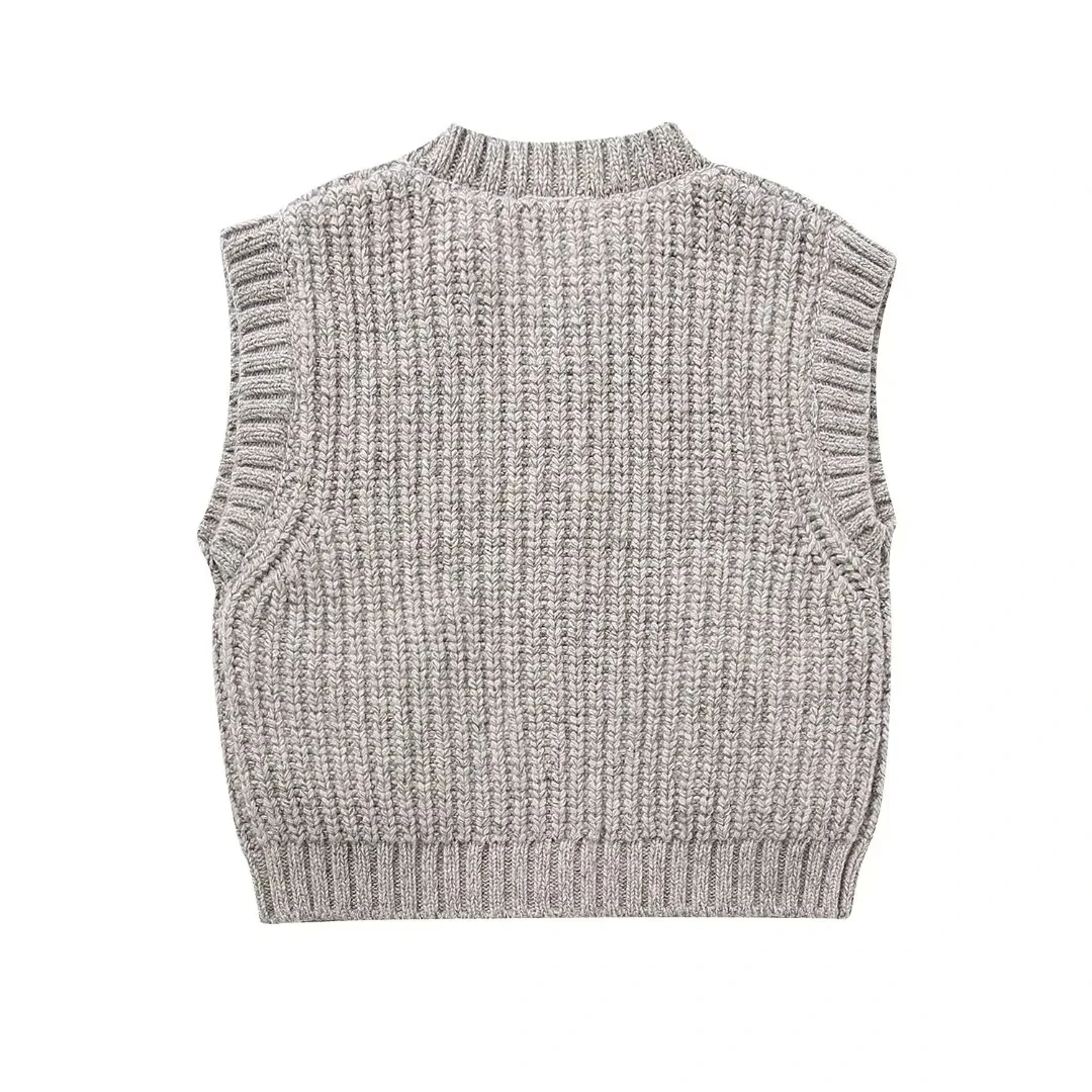 KONDALA 2024 Autumn Winter Women Casual Knitted Sleeveless Sweater Fashion Vintage Pockets Spliced Loose Solid Elegant Sweater