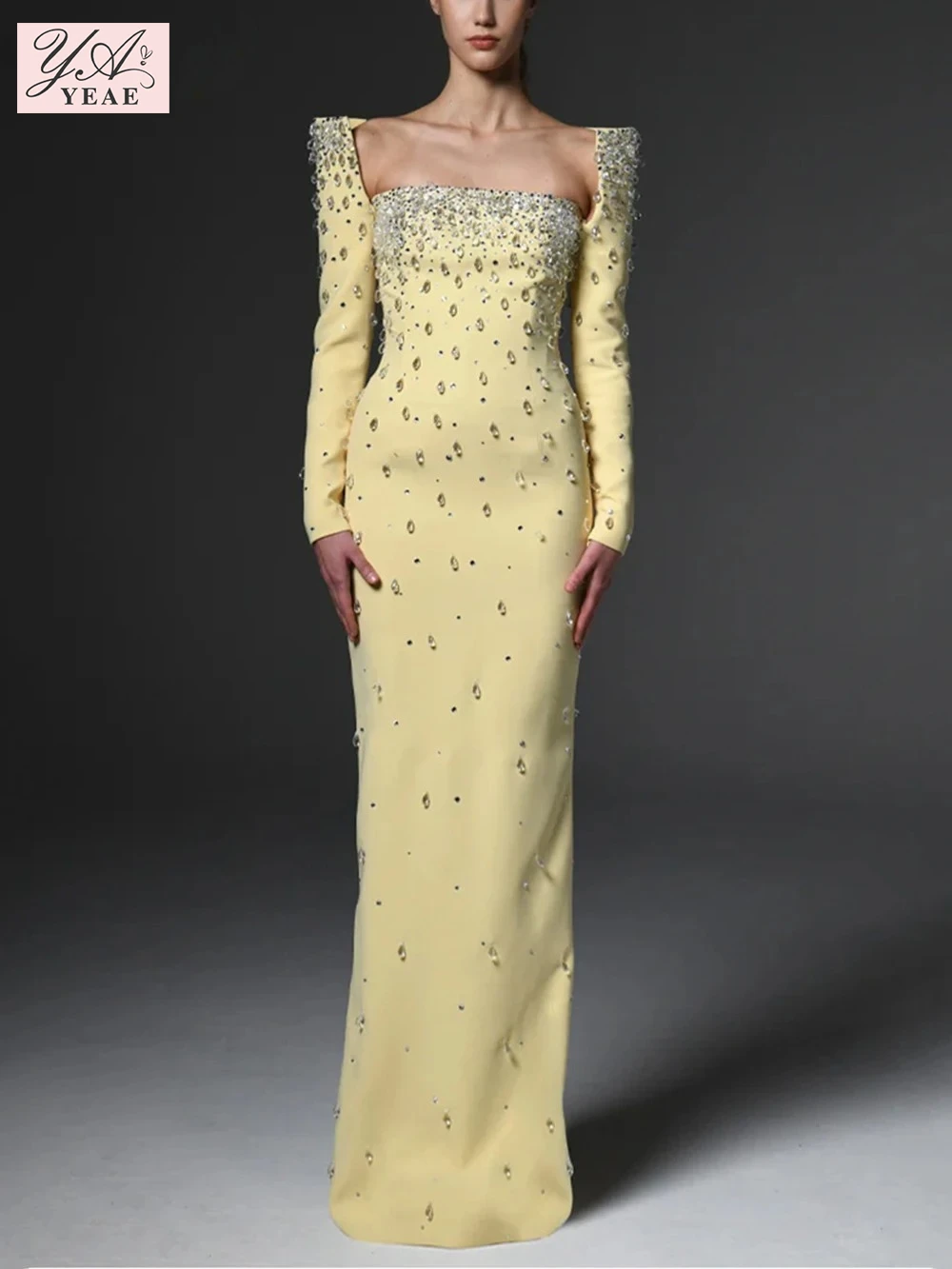 

YEAE Sparkling Luxury Diamond Crystal Square Neck Slim Long Dress Women'S Elegant Celebrity Evening Party Wedding Gowns