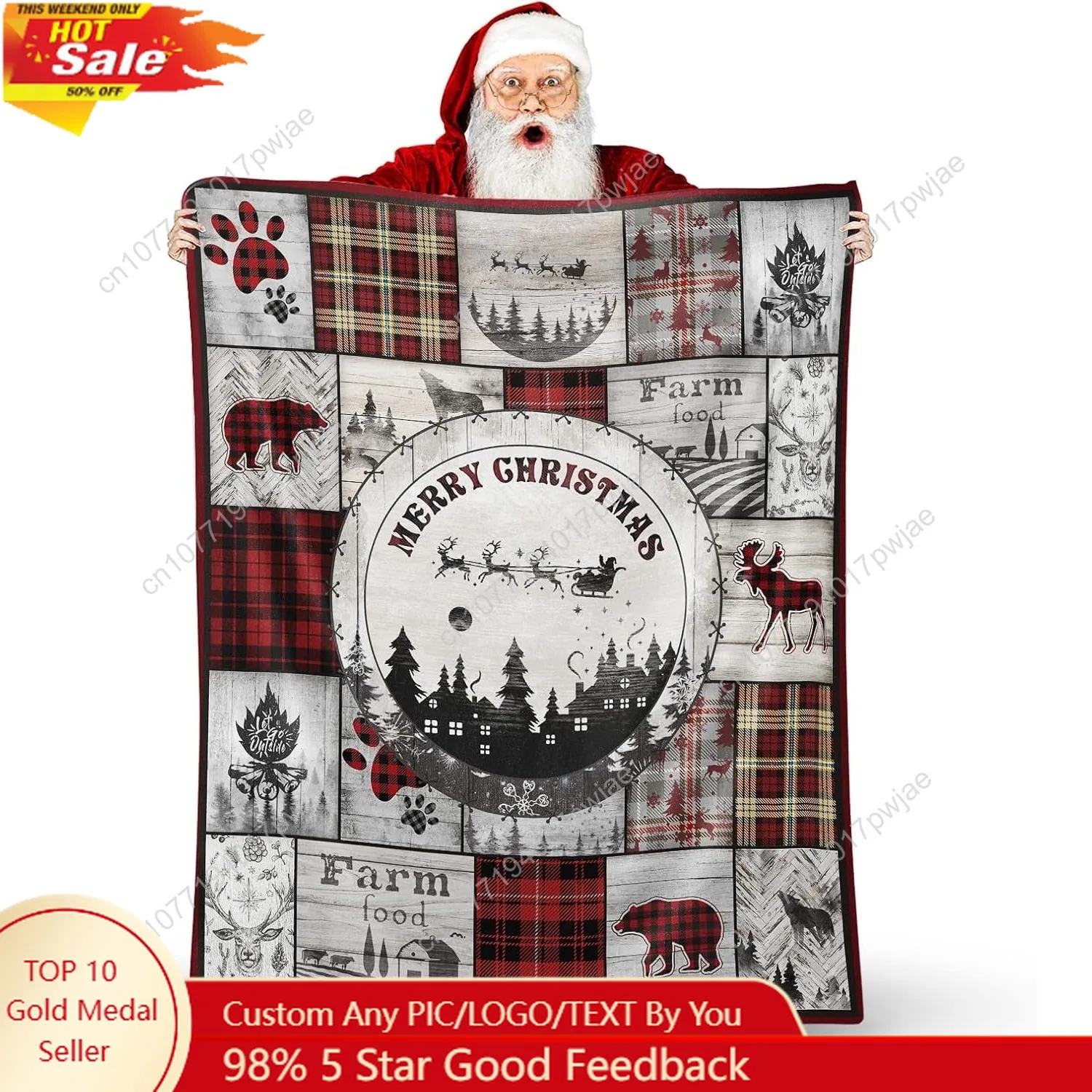 

Rustic Cabin Throw Blanket Flannel Christmas Decor Woodland Blanket Bear Wolf Deer Plaid Blanket Lightweight Cozy Comfort for So