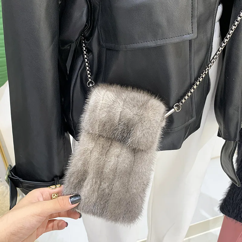 2021 Fashion New Mini Mink Hair Coin Purse Crossbody Small Bag  Mobile Phone Bag All-Matching Women's Shoulder Mobile Phone Bag