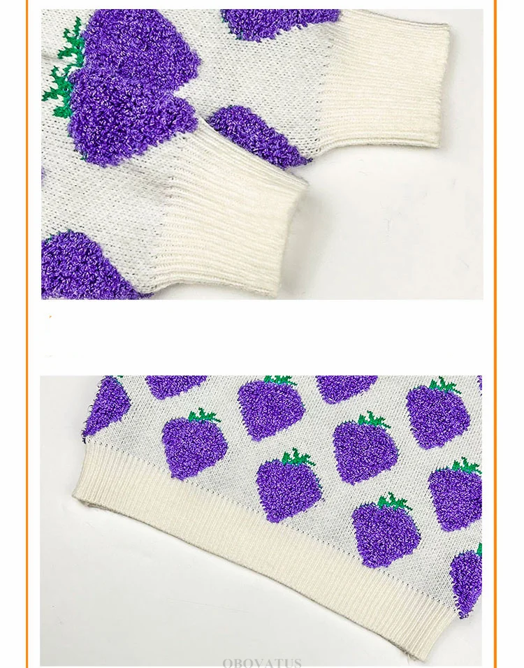 Schmal geschnittener Kinderpullover in Lila mit Erdbeer-Motiv für Mädchen, neue Frühlings- und Herbstkollektion, gestrickte Kleidung, Kindermode, Strickwaren, Alter 4 bis 13 Jahre. – Detail 15