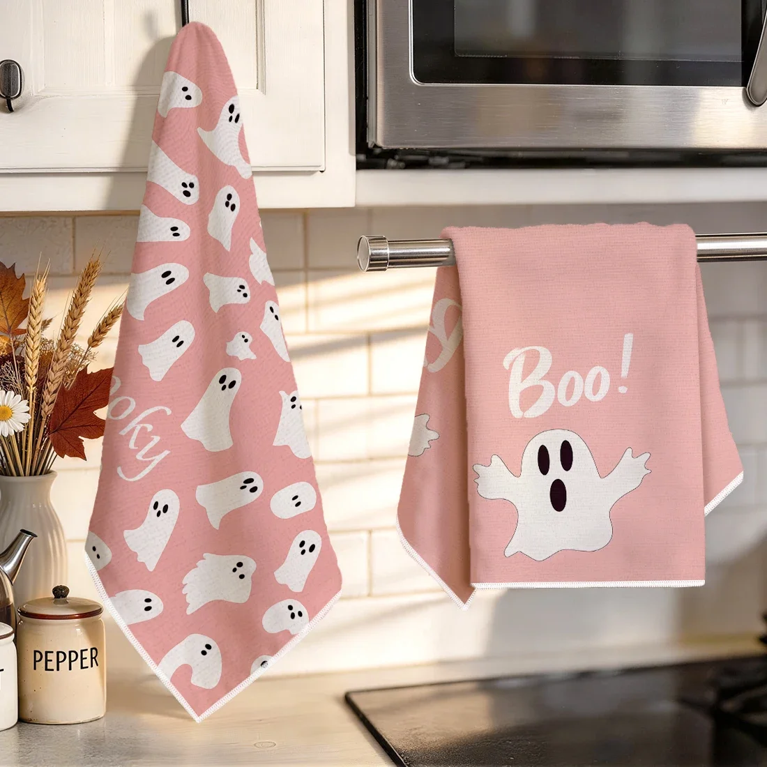 2pcs Set Kitchen Towels Pink Halloween GhostHand Towels Christmas Decorations For Home Noel Dish Towels Gifts