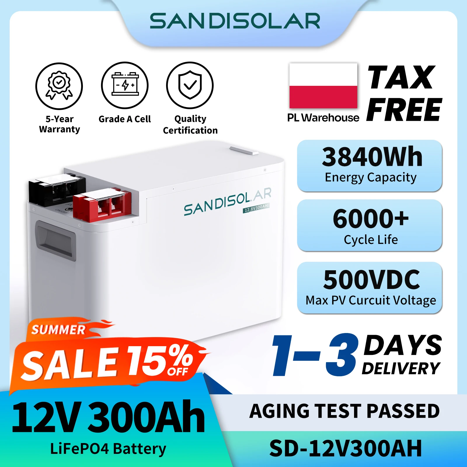 Sandisolar 12V 300Ah LiFePO4-Batterie mit Smart BMS EU-Lagerbestand 3kWh Solarbatterie für Solarsysteme Steuerfrei
