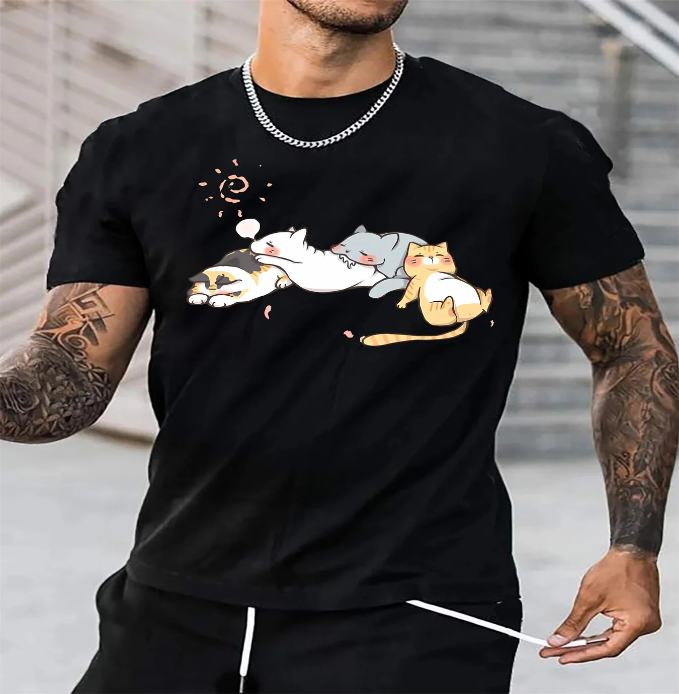 Men's summer 100% pure cotton fashionable casual sports loose cut cats napping print round neck short sleeved T-shirt top