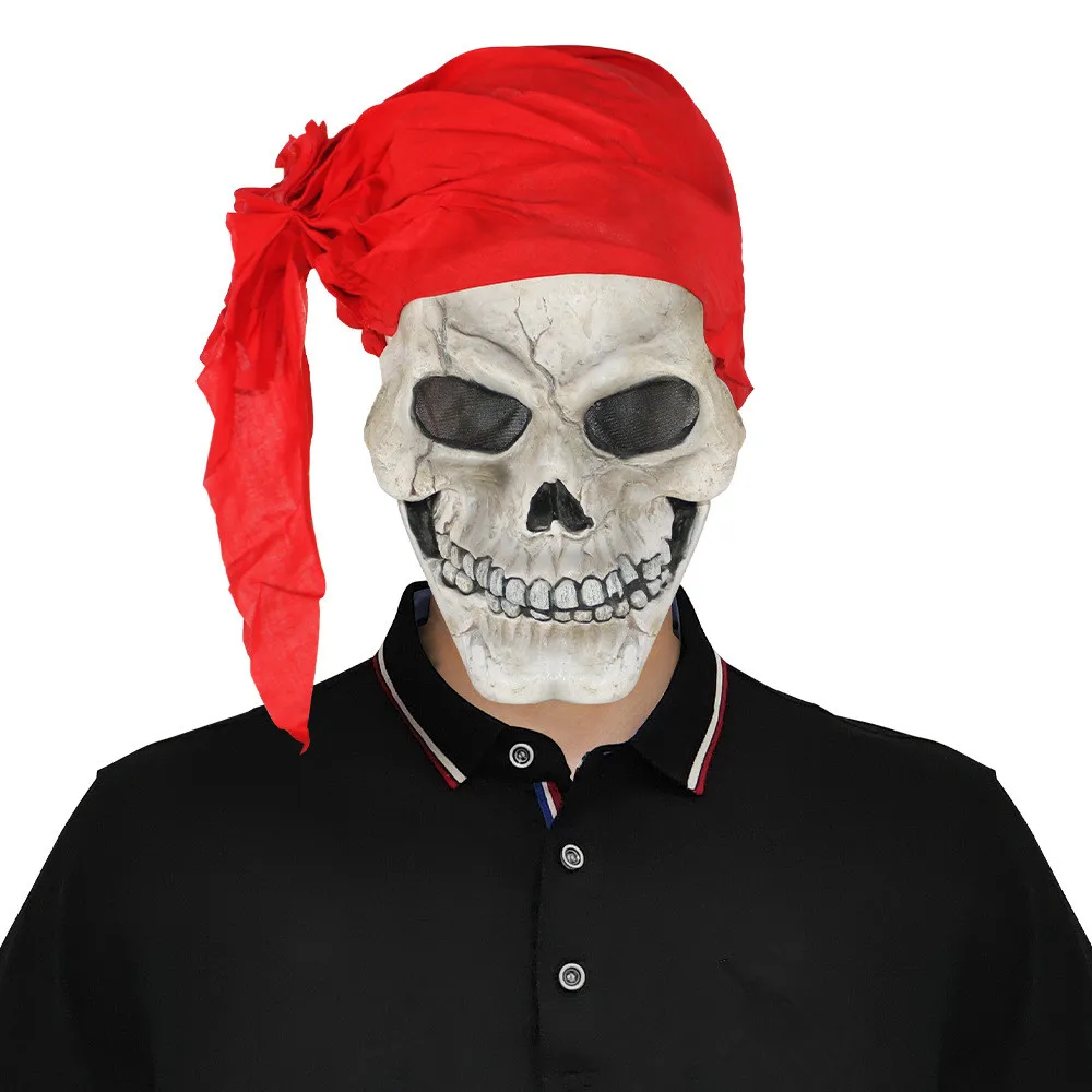 Halloween Skelett-Kopfmaske mit Rotem Kopftuch, Realistische Geister-Piraten-Maske, Geister-Piraten-Cosplay-Kostüm – Detail 1