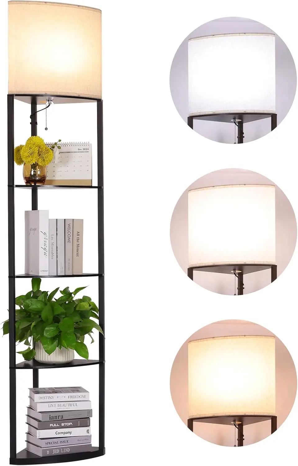 Floor Lamp With Shelves, Sector Corner Shelf Lamp With 3 Color Temperature Bulb, With Linen Lampshade Bookshelf Corner Display