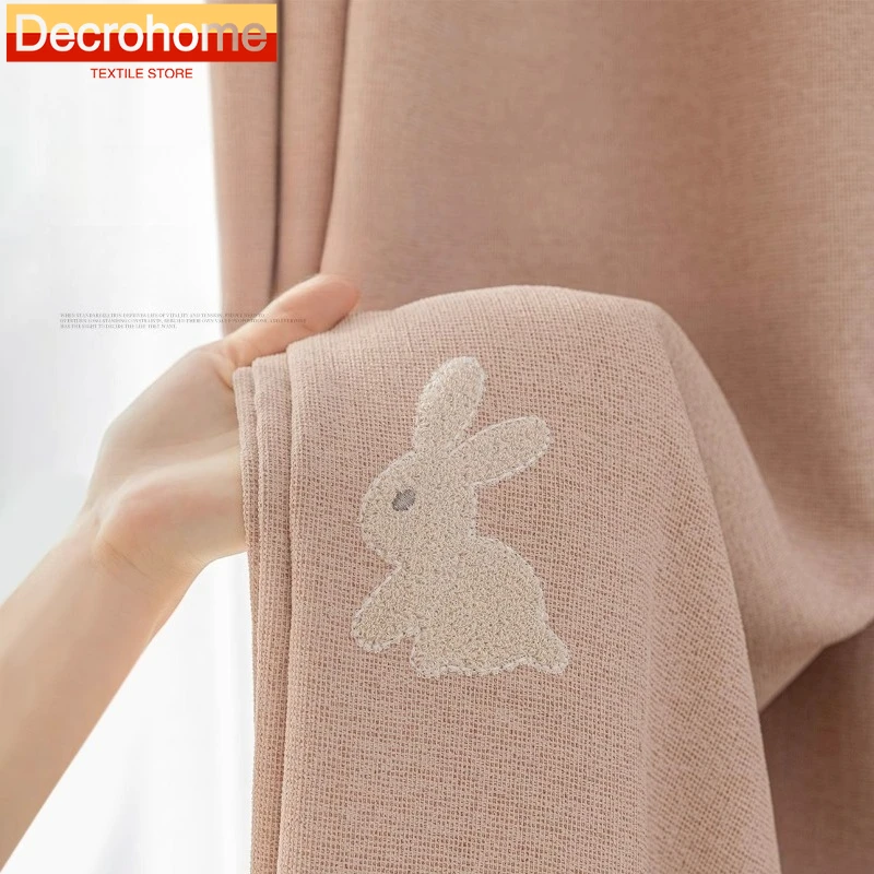 Pink Cartoon Children's Room Cute Rabbit Curtains Blackout Girl's Bedroom Bay Window Embroidered Bunny Curtains Custom Size
