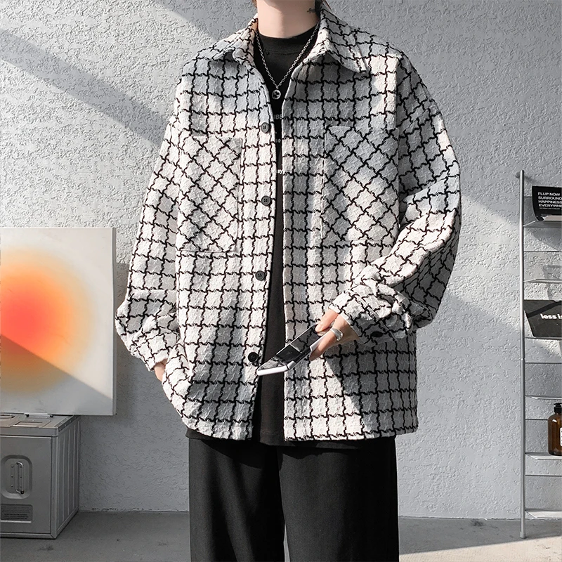 

Retro American Workwear Jaet Men's Autumn New Sle Small Fraance Wind irt Long Sve Trendy Loose Large Size Plaid Coat