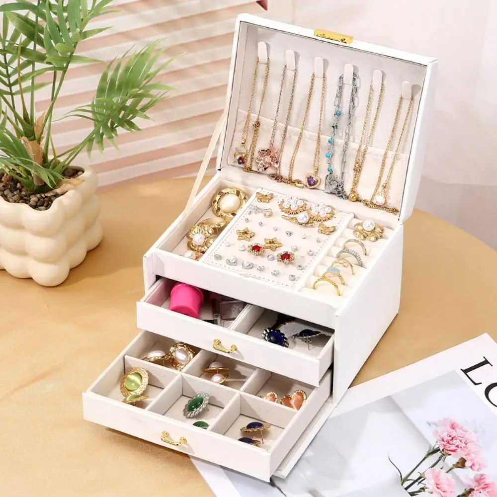 

Three layer Woman Jewelry Box Leather Drawer style Jewelry Organizer with Lock Large Capacity Necklace Bracelet Ring Box