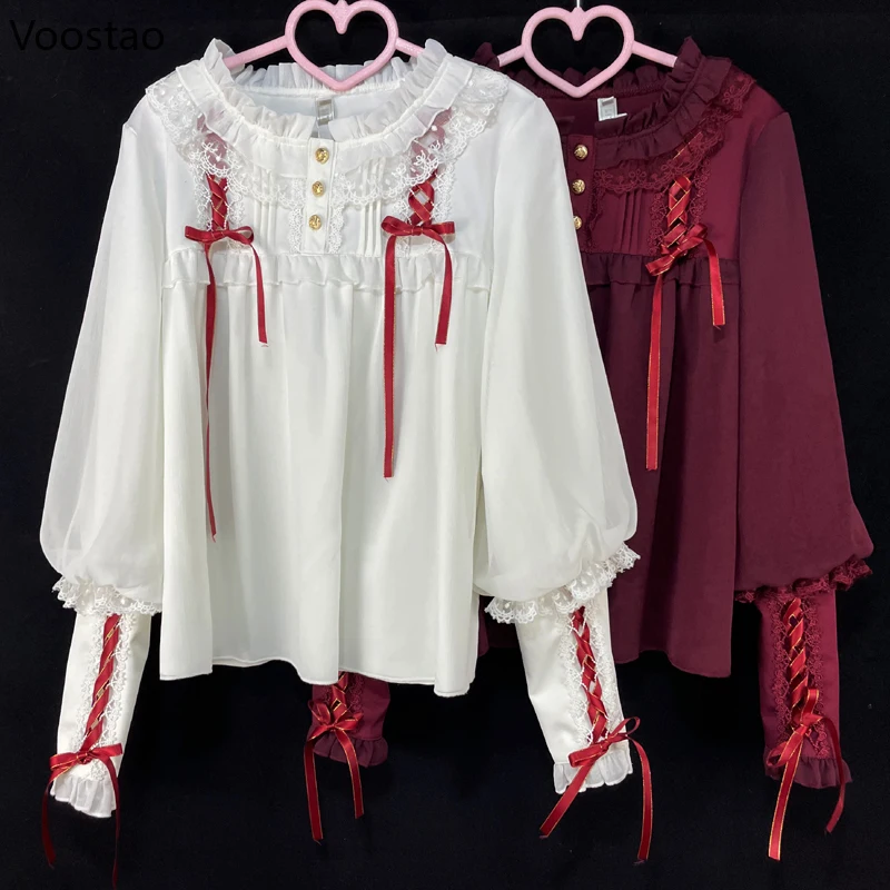 

Victorian Gothic Lolita Style Shirt Women Harajuku Y2k Gigot Sleeve Lace Bandage Blouse Female Vintage Elegant Tops Blusas Mujer