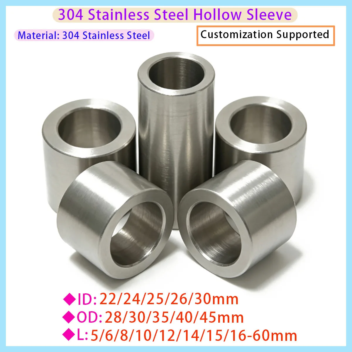 304 Stainless Steel Shaft Pad ID 22/24/25/30mm Unthreaded Circular Hollow Spacer Outer Diameter 28-45 Length 5-60mm