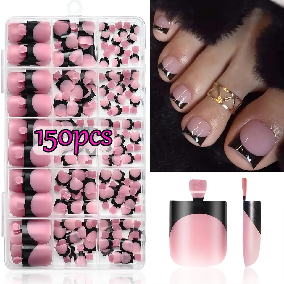 150 Piezas Uñas Postizas Para Dedos del Pie Cuadradas Cortas Negras Francesas Mate Nude Rosa Cobertura Completa Reutilizables Veraniegas 2