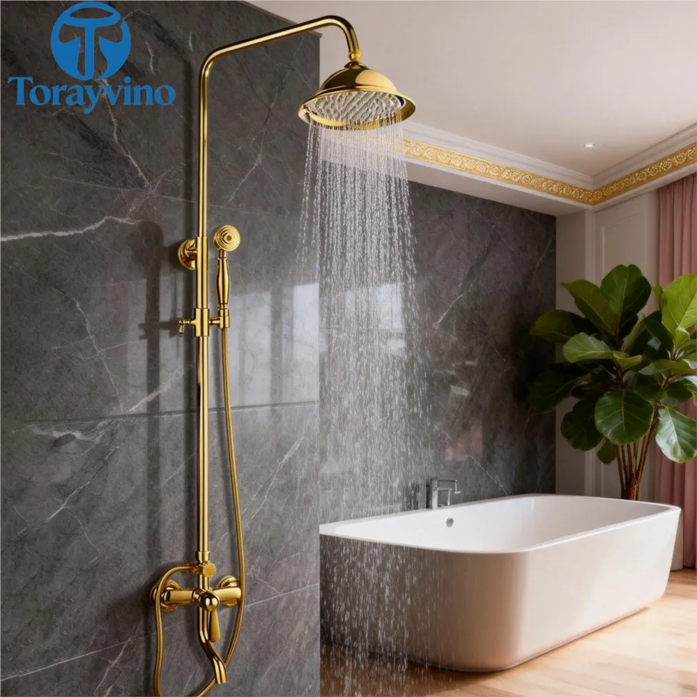 Torayvino Gold Polished Bathroom Shower System Set Wall Mounted 3 Functions Rainfall Round Showers Head Mixer Water Faucet