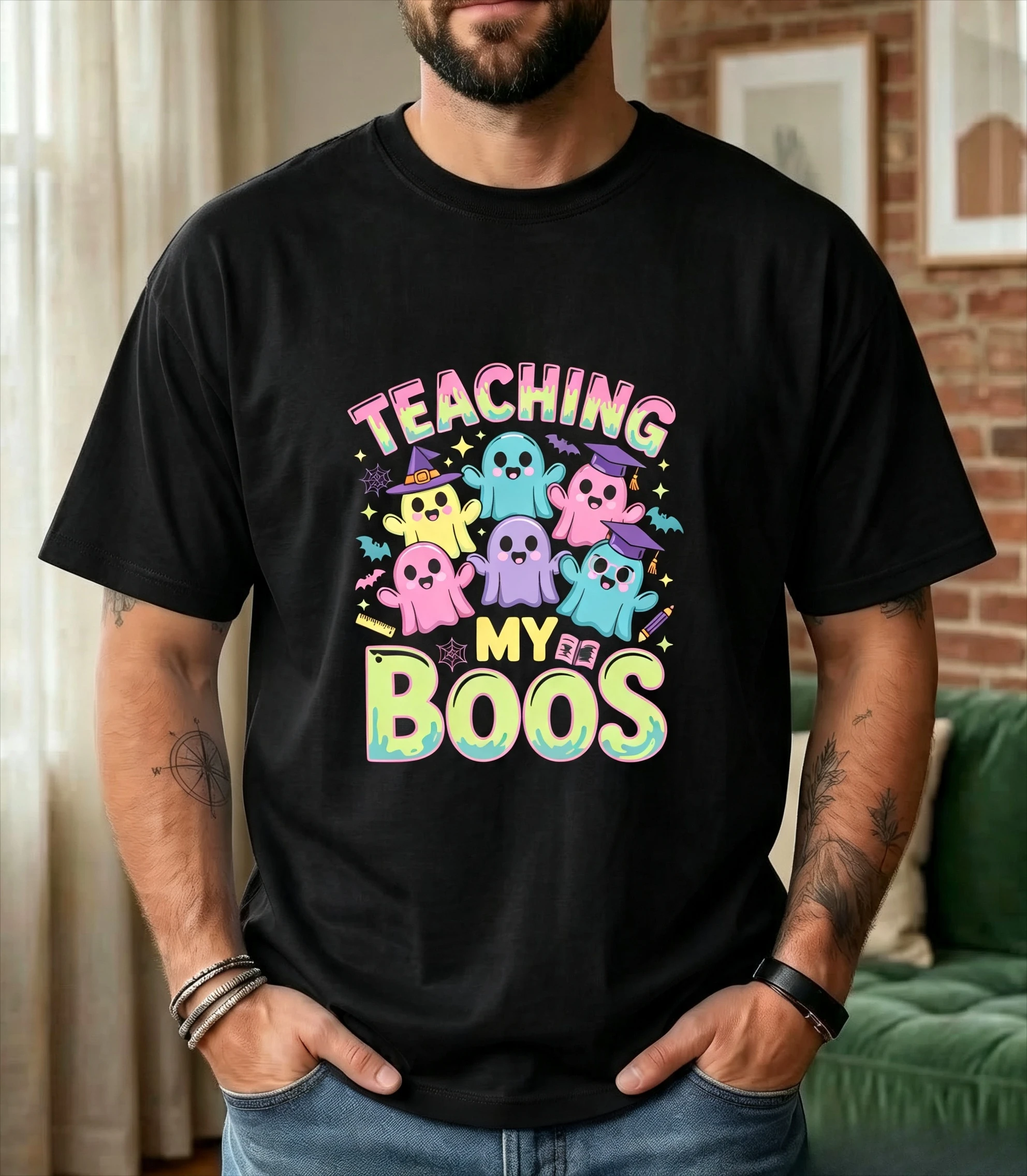 Halloween Teacher T-Shirt | Pastel Ghosts, Classroom Charm Men's High-Quality T-Shirt - Soft and Comfortable Classic Fashion