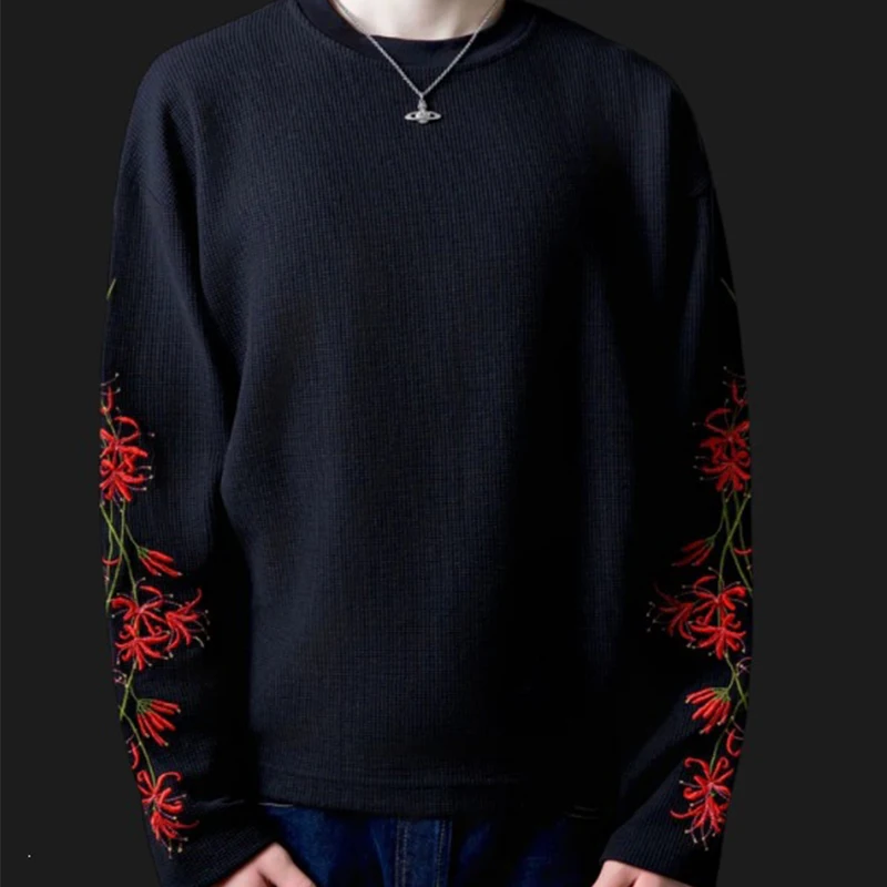 European and American Dark Style Spring New Flower Embroidered Long Sleeve T-shirt Loose Crew Neck Top
