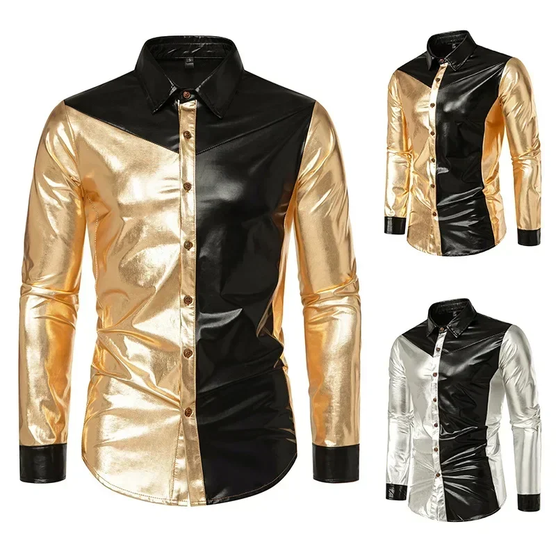 

Men Shiny Metallic Shirt Blouse Button Down Dance Stage Costume Top Fashion Club