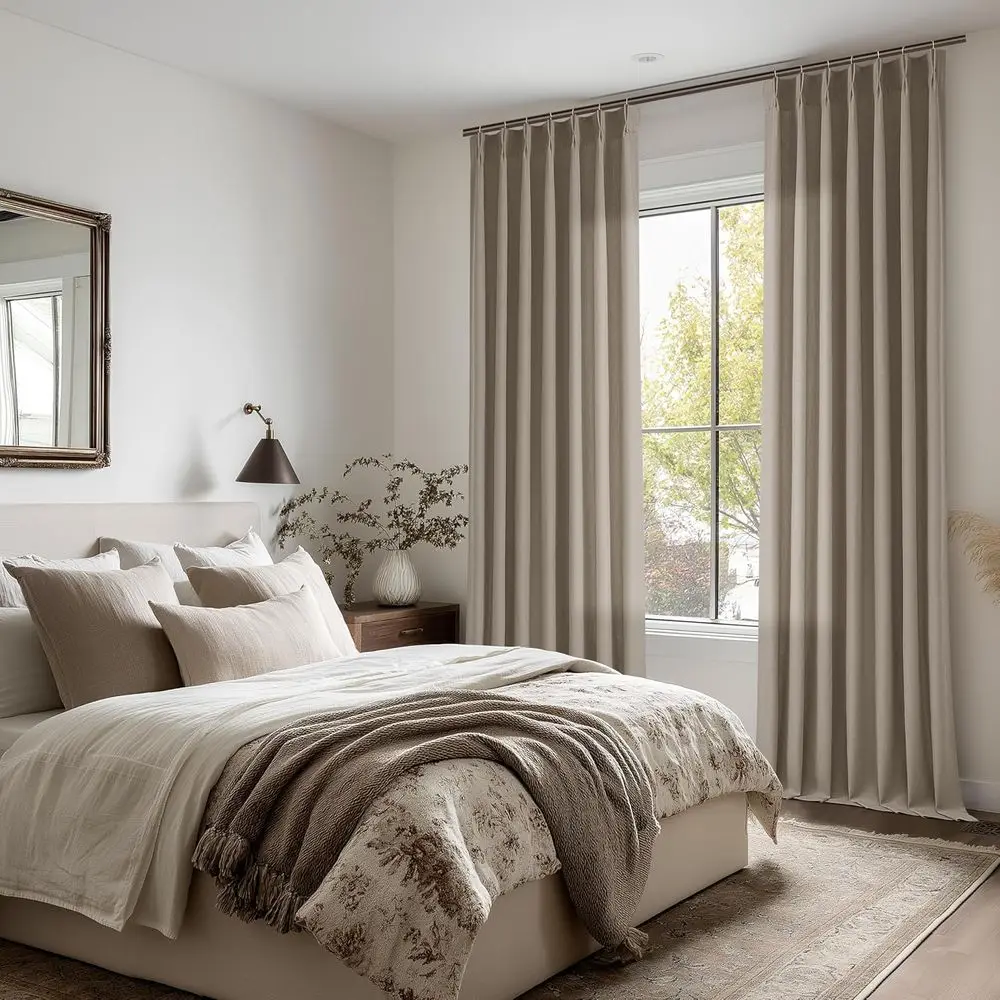 Pinch Pleat Taupe Leinenvorhänge 84, für Wohnräume, 2 neutrale Paneele, Lichtfilterung, halbtransparent, Bauernhaus-Stil