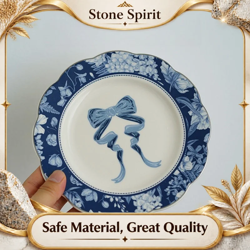 Vintage Floral Bow Ceramic Dessert Plate, Japanese Retro Afternoon Tea Pastry Tray, Elegant Western Dinnerware,Home Kitchen Gift