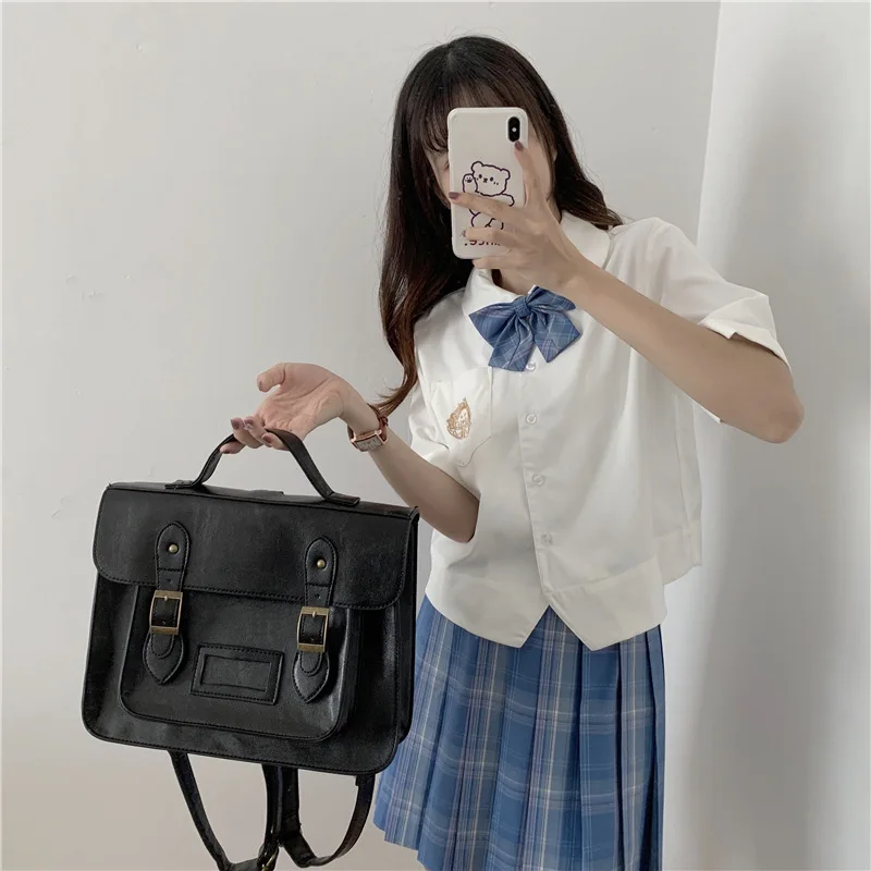 

Black PU Leather JK Uniform Bag, Vintage British Style Cambridge Satchel Backpack, Multi-functional Crossbody Shoulder Bag