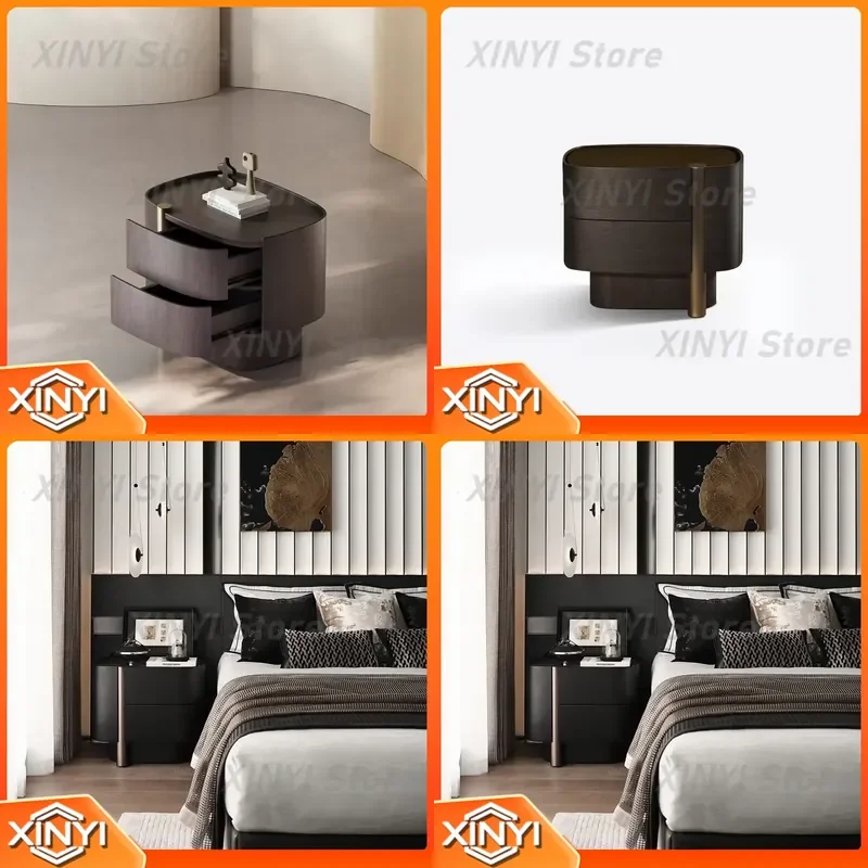 for TUOCHEN 2-Drawer Italian Minimalist Solid Wood Nightstand for Bedroom Modern Simple Smoked Gray Wabi-Sabi Style Storage