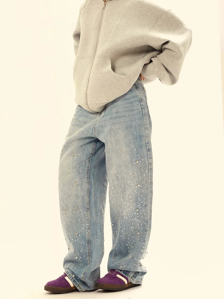 American Style Retro Men Women The Same Four Seasons Trousers Trendy Jeans Rhinestones Loose Straight Wide-Leg Denim Long Pants