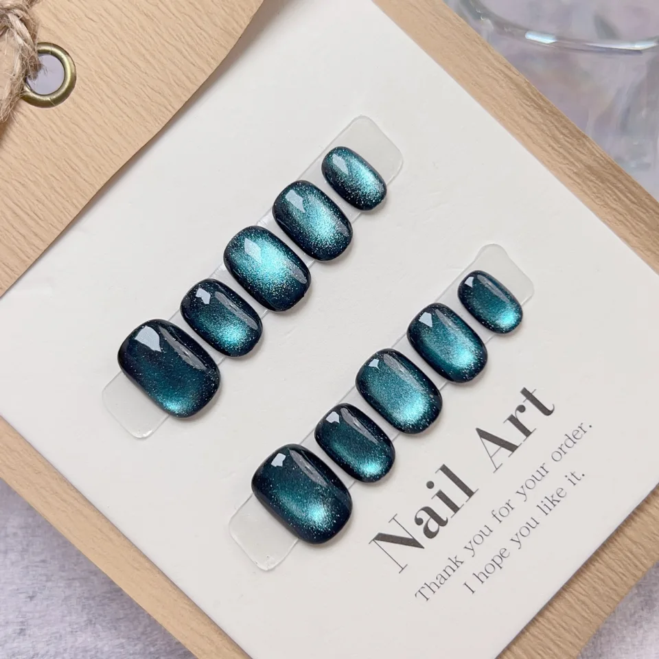 Uñas press-on de ojo de gato hechas a mano, cortas, de cobertura completa, reutilizables, para mujer 3