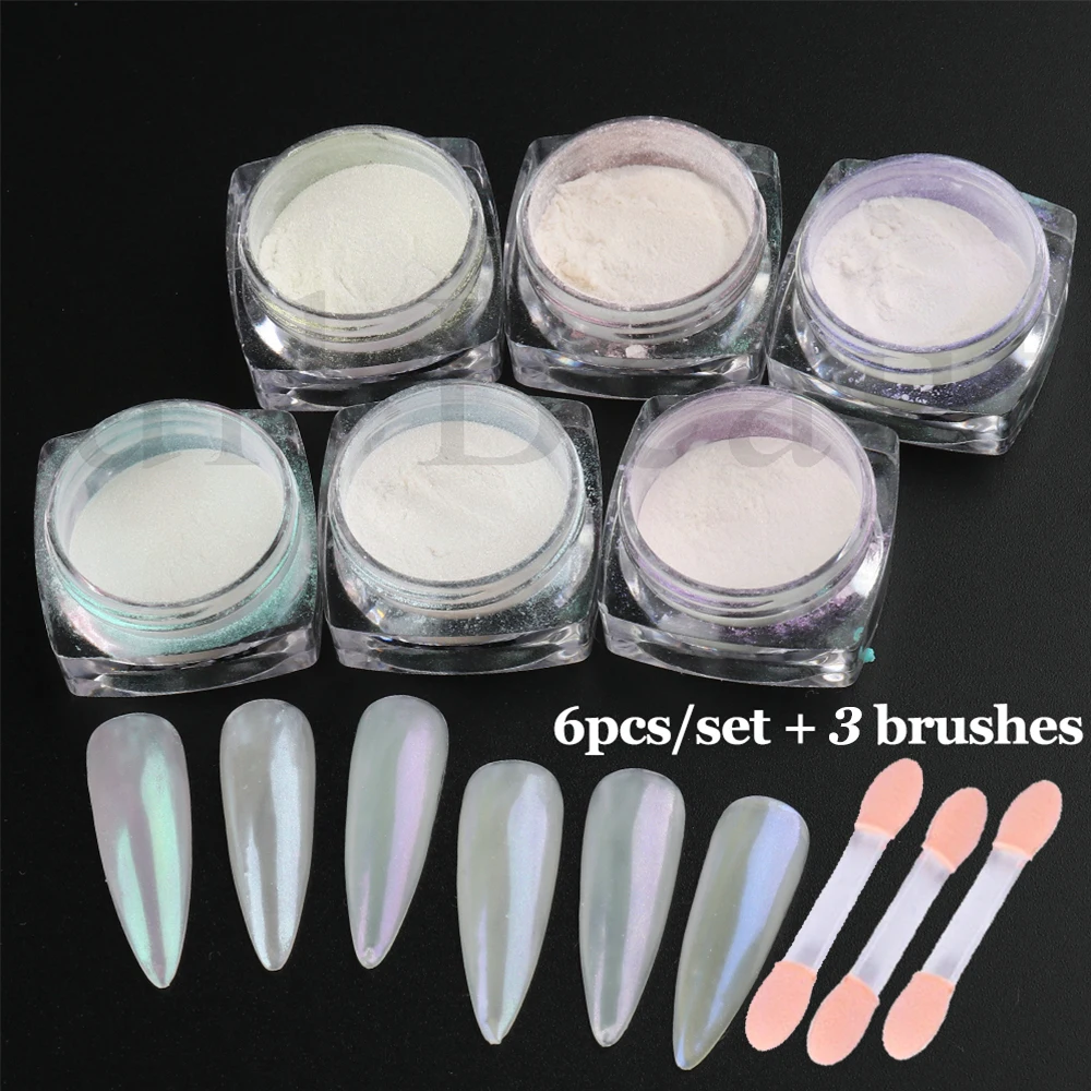 6ชิ้น/เซ็ต Pearl Nail Powder Shimmer Glitter สีขาวสีชมพูสีม่วง Aurora ถูฝุ่นกระจก Chrome เล็บเล็บเล็บ GLY451-459