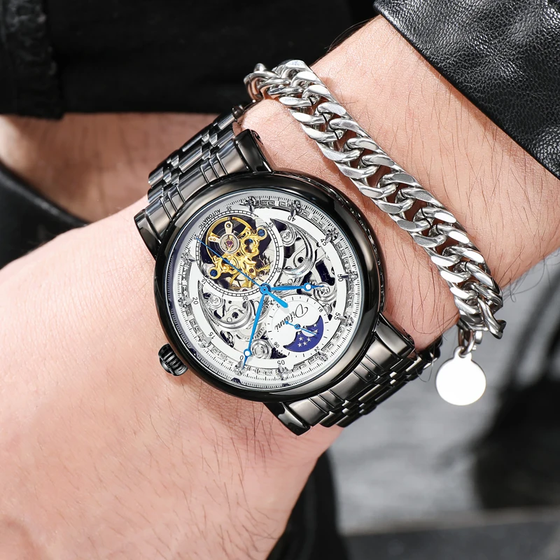 Top Brand Men's Watches Classic Skeleton Tourbillon Automatic Mechanical Wath for Man 3ATM Waterproof Moon Phase Wristwatch