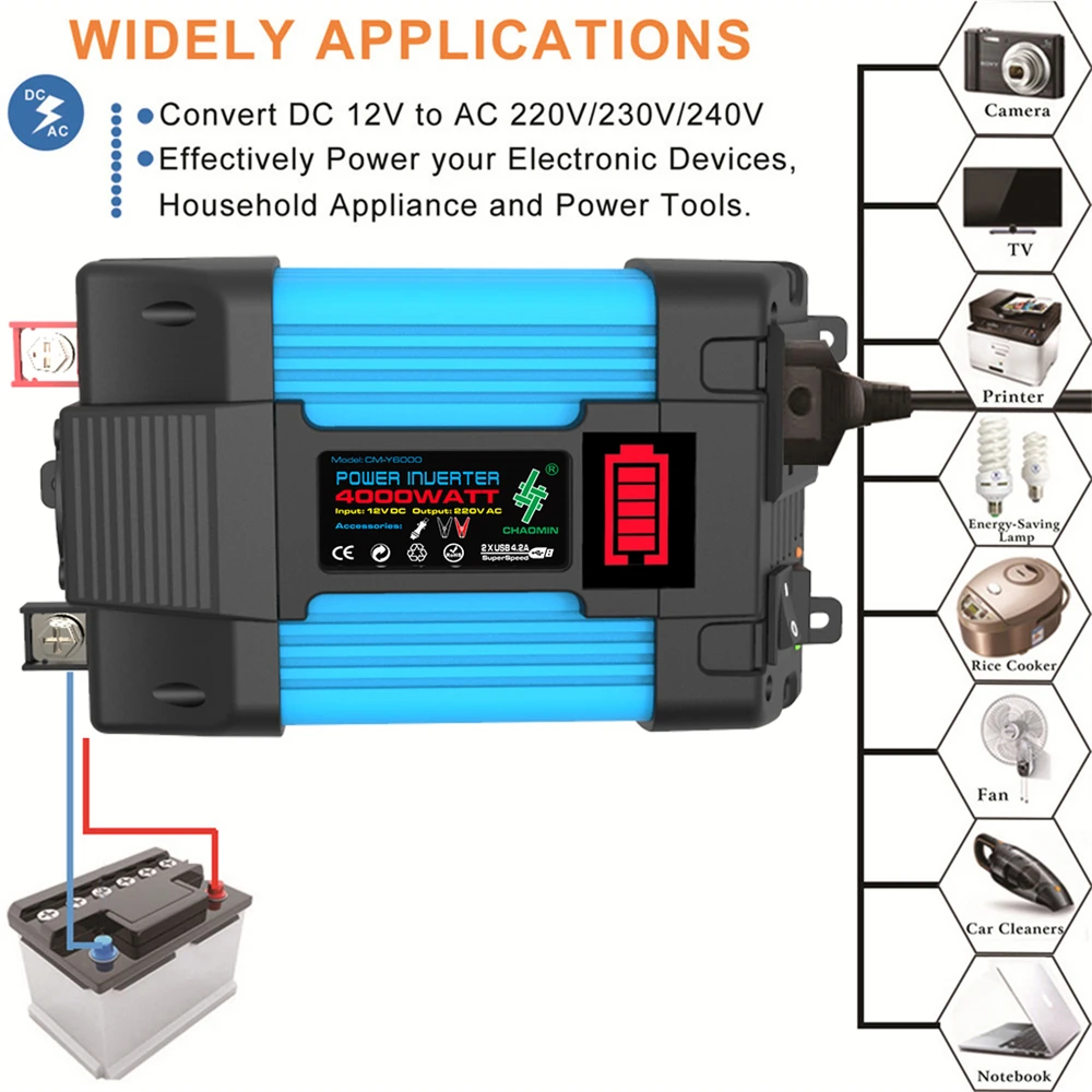 Imagem -02 - Inversor de Onda Senoidal Pura Conversor Portátil do Banco do Poder Transformador de Tensão Dual Usb dc 12v a 110v ac 220v 300w 500w