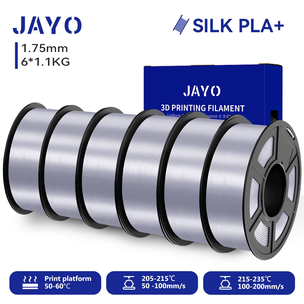 JAYO 6 Rollen SILK PLA + Filament 1,75 mm SILK PLA Plus Filament, glatte, seidige, glänzende Oberfläche, 3D-Filament, geeignet für FDM-Drucker