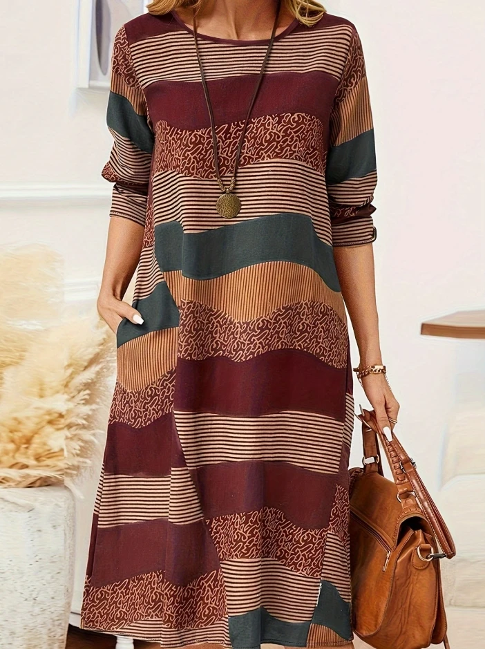 

Fashionable Autumn Dress Round Neck Long Sleeved Color Blocked Printed Commuting Woven Dress Elegant Dress for Women