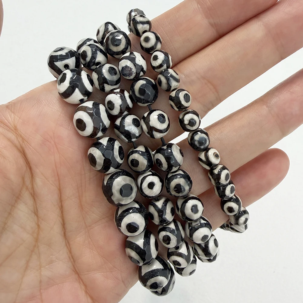 Natural Stone Faceted Eye Pattern Black Tibetan Agate Round Loose Beads 8 10 12MM Pick Size For Jewelry