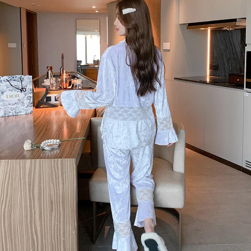 New Autumn Velour 2Pcs Pajamas Women Sexy Lace Pyjamas Nightwear Gradual Silver Purple Sleepwear Long Flare Sleeve Homewear