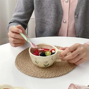 Mão Beliscado Irregular Flor Cerâmica Canecas, Leite Chá Copo Ins, Oatmeal Breakfast Caneca, Pequeno-almoço Drinkware, Cozinha, Estilo Coreano 10 principais vendas copo pequeno almoço - №2
