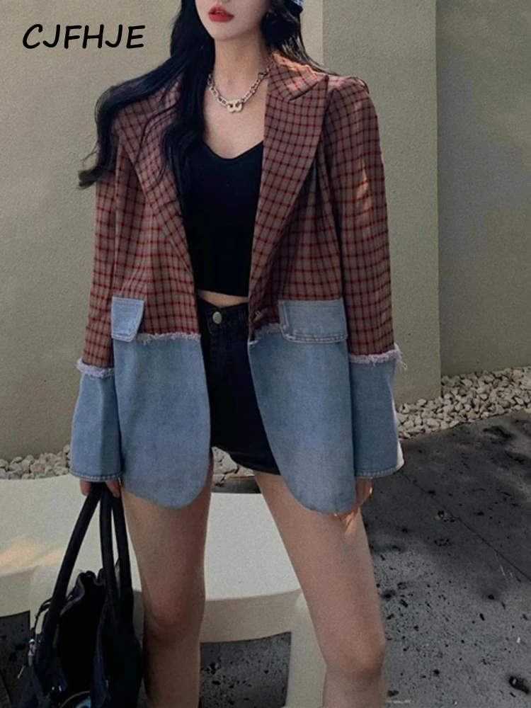 CJFHJE Winter Clothes Women Retro Loose Denim Patchwork Jacket Korean Fashion Versatile Jackets Chessboard Grid Long Sleeve Top