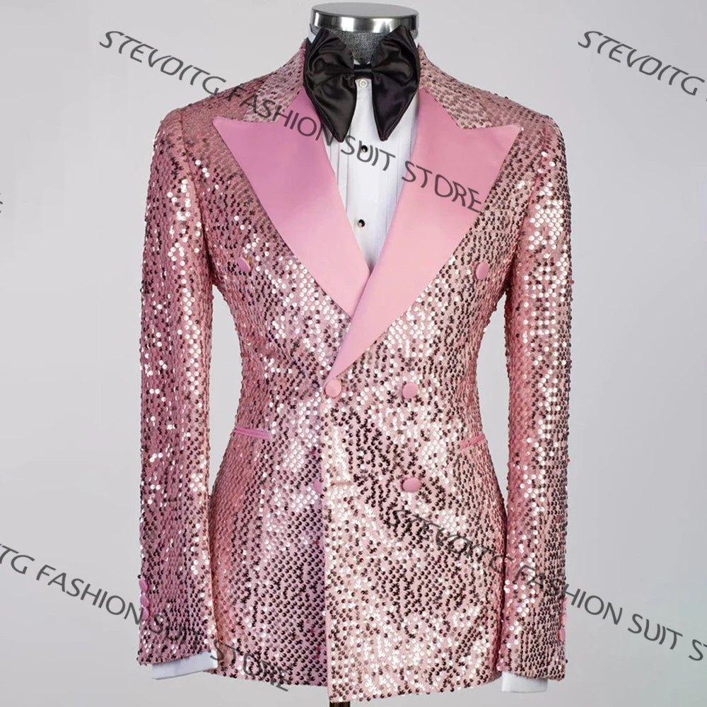 

Luxury Men's Suits Pink Sequin Double Breasted Tuxedo Peaked Lapel 2 Piece Set for Evening Party Prom & Stage Performance