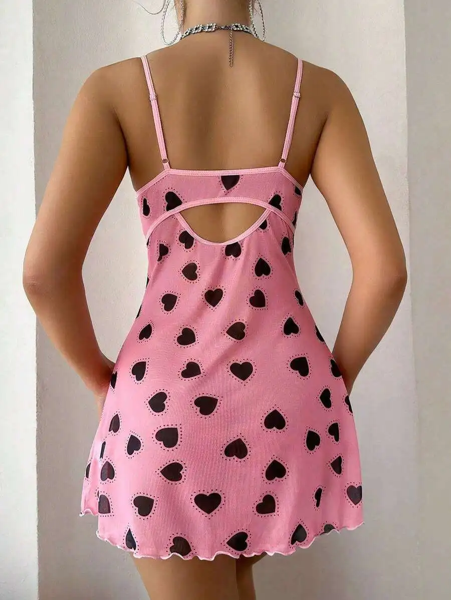 

Pink Heart Print Cut-Out Back Slip Dress With Thin Straps