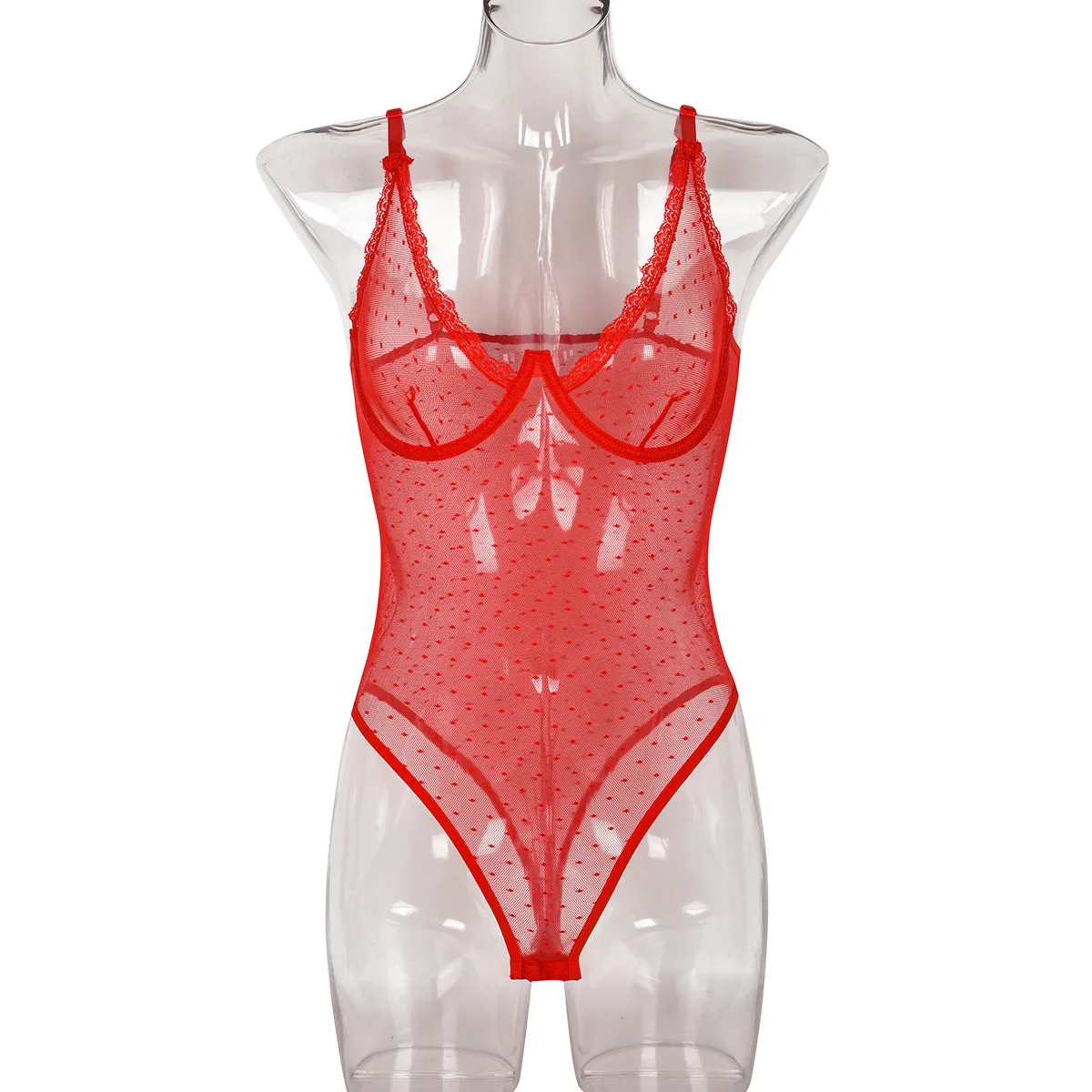 Sexy Underwear Backing Women's Summer New Polka Dot Net Perspective Comfortable Red Onesie