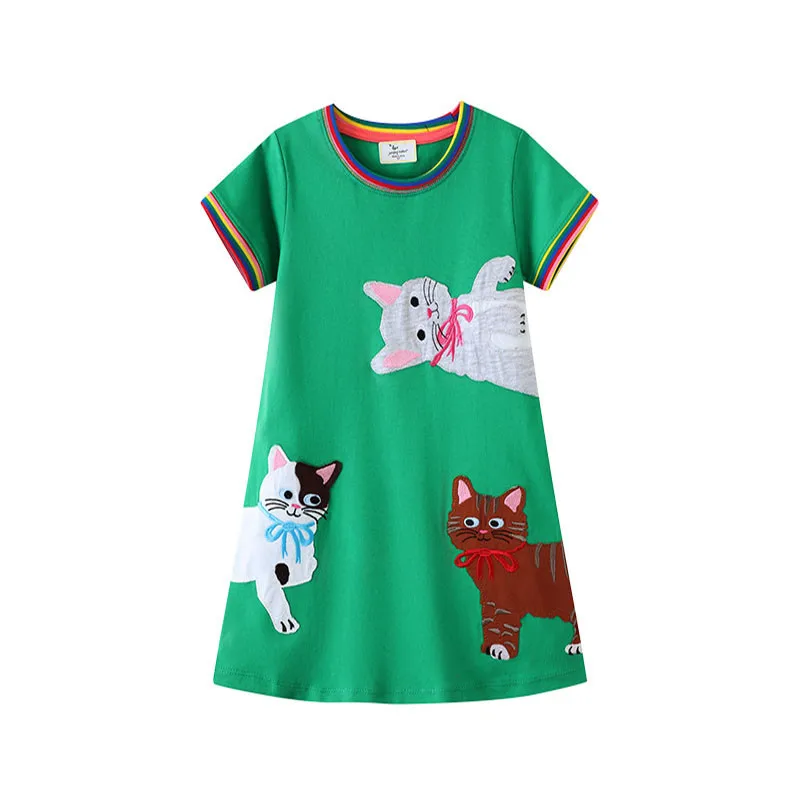 Jumping Meters 2-12T  Princess Girls Dresses Cats Embroidery Summer Short Sleeve Baby Clothes Birthday Kids  Costume