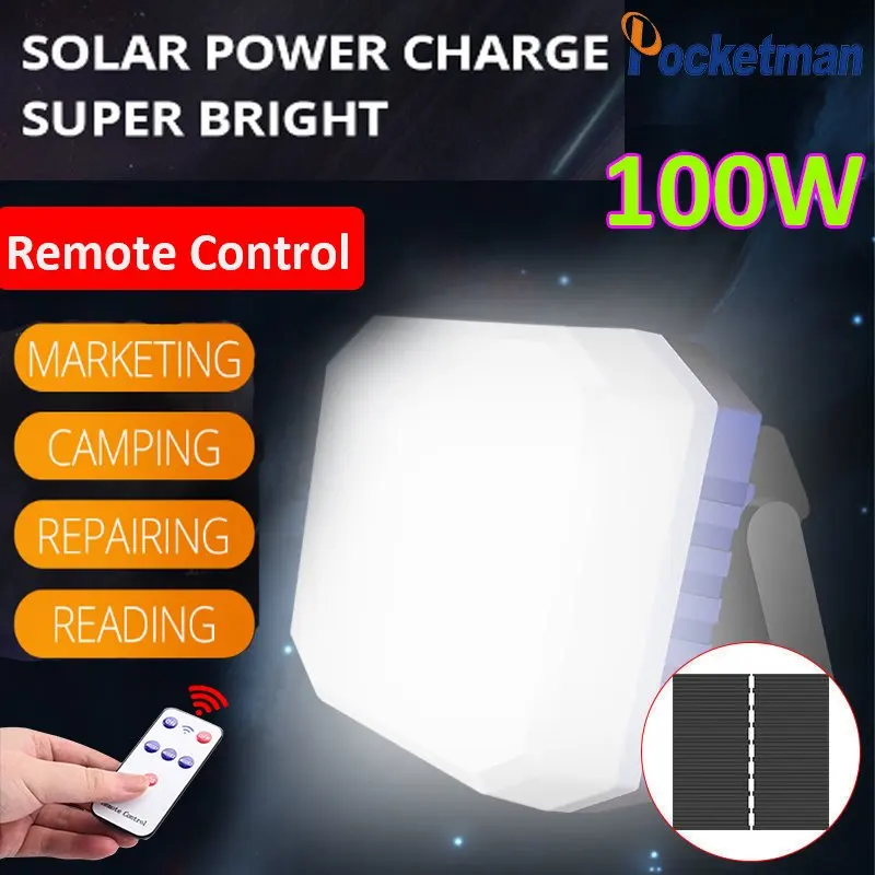 Solar Portable LED Work Light with Remote Control Rechargeable & Solar Powered Flood Light 4 Modes Waterproof Emergency Light