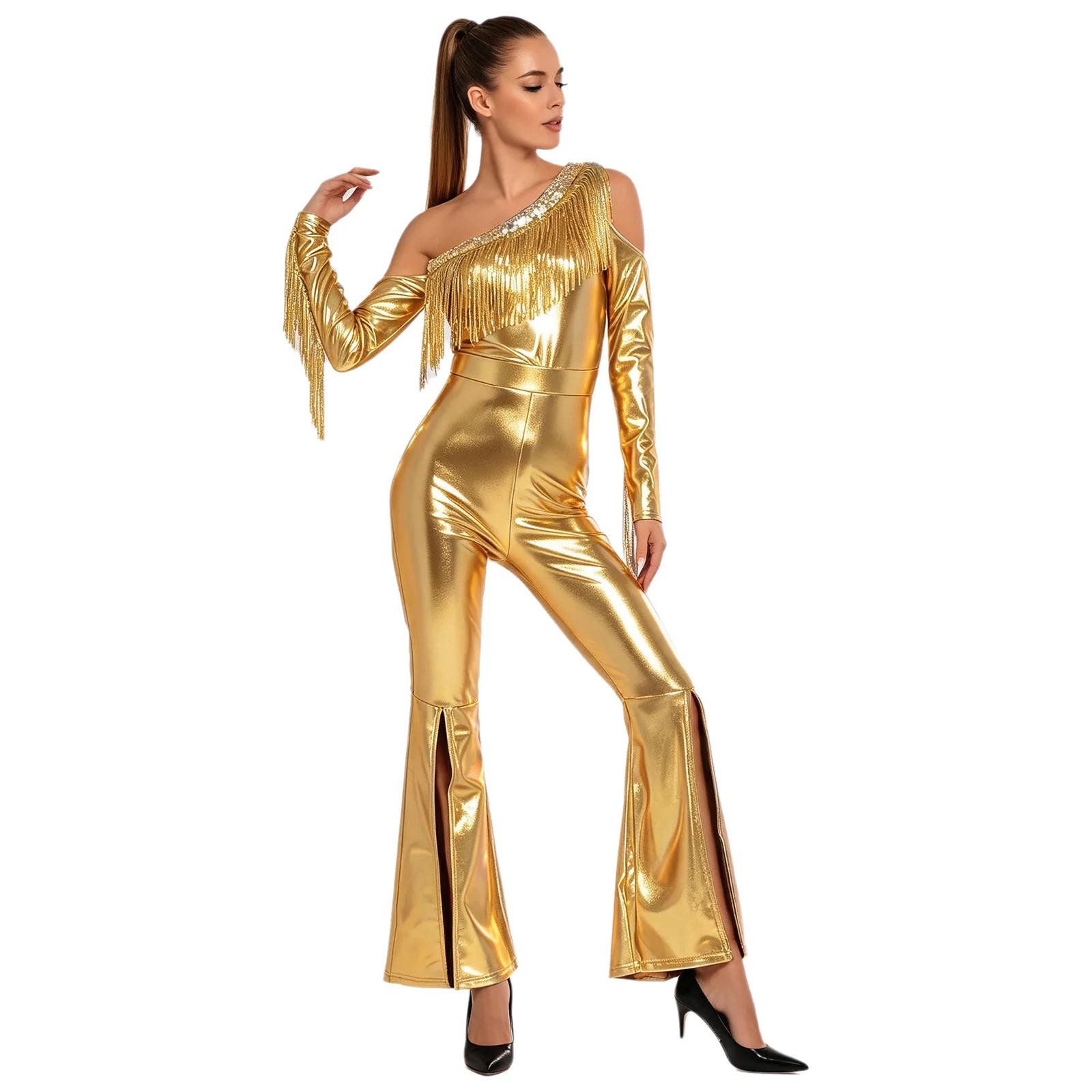 Womens Metallic Shiny Holographic Disco Flare Jumpsuit Sequin Tassels Cold Shoulder Long Sleeve Bell Bottoms Bodysuit Clubwear