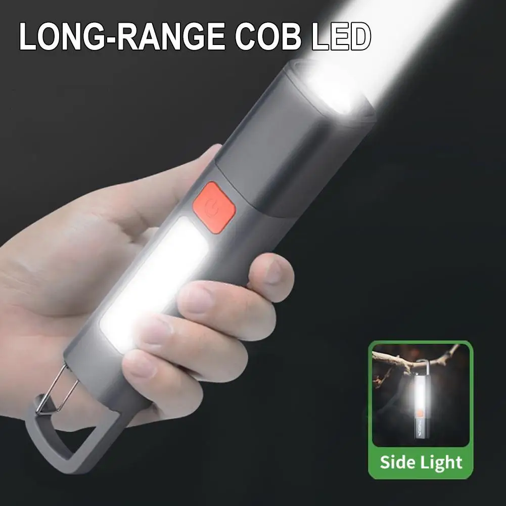 Mini Led Torch Light Xpe Cob Side Light Protable Flashlight Zoomable Light Lantern With Waterproof Camping Hook Rechargeabl H8j0