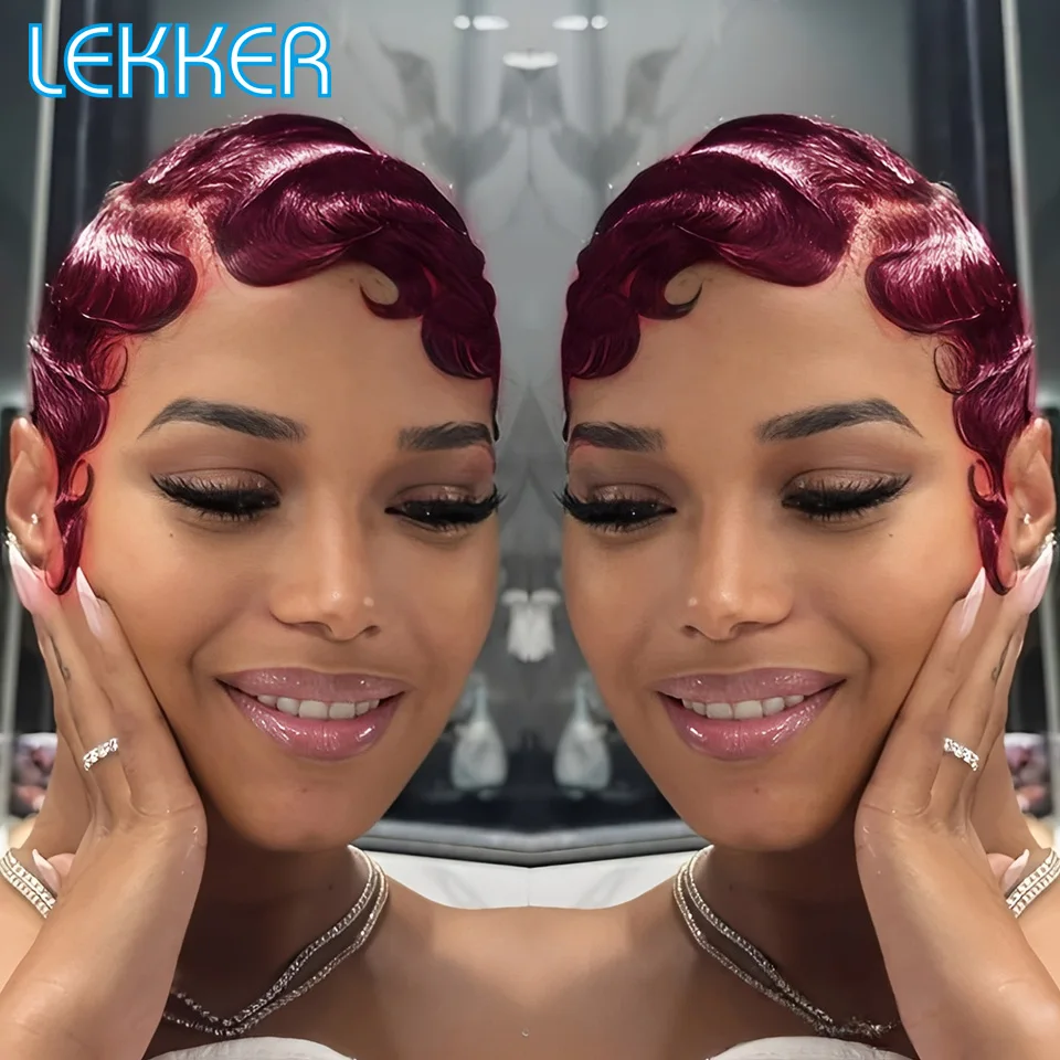 

Цветные парики Lekker из 100% натуральных человеческих волос, короткая стрижка пикси с волнистым эффектом, с C-образным пробором, на кружевной основе, для женщин, из бразильских волос Реми, безклеевые, парик-боб