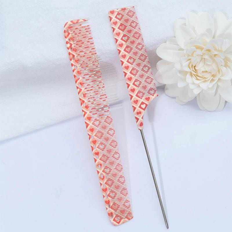 2pcs Double-Sided Steel Pin Comb - Anti-Static, Knot-Free, Smooth Hair Comb with Pink Heart Square Pattern - For Styling & Hair