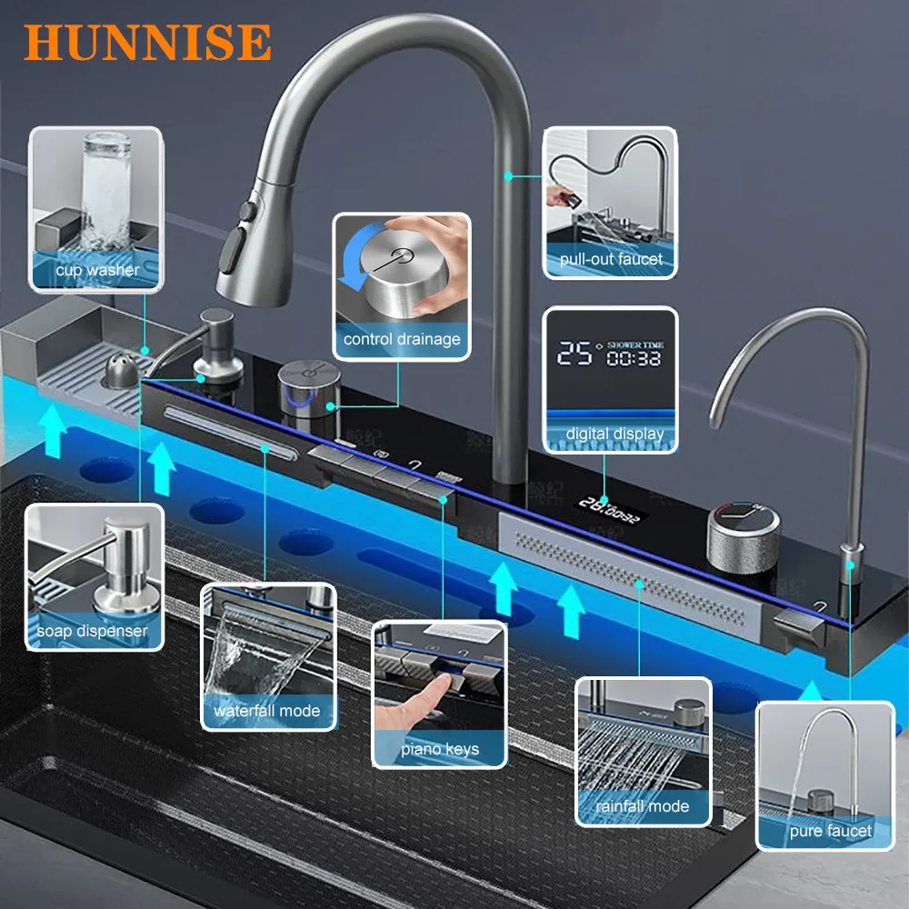 

Кухонная мойка с водопадом из нержавеющей стали 304, выдвижной смеситель для кухонной мойки с горячим и холодным водопадом, умные серые цифровые кухонные мойки