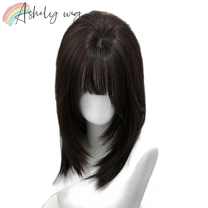 黒かつらショートストレート 14 インチヘアウィッグ前髪ヘッドバンドかつら高温繊維合成かつらロリータペルーケファム