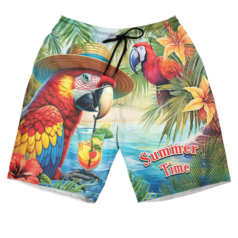 Summer Time Parrot Graphic Beach Shorts Casual Hawaiian Flamingo Animal Short Pants For Men Clothes Hip Hop Y2k Kids Trunks