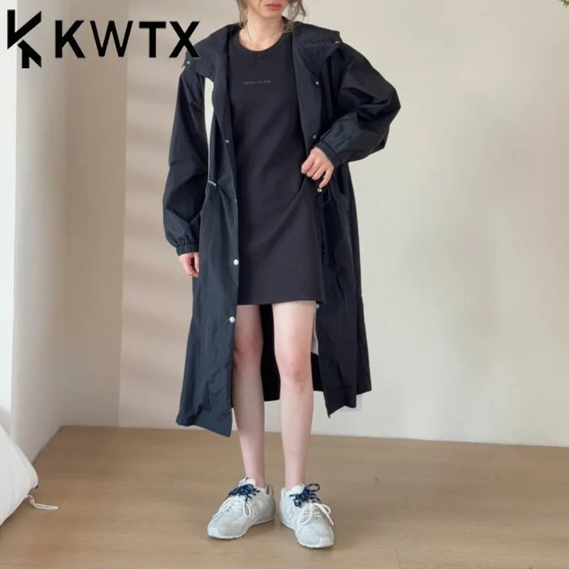 

KWTX 2025 Spring Summer Women’s Lightweight Hooded Trench Coat Minimalist Belted Waist Chic Casual Outerwear with Pockets